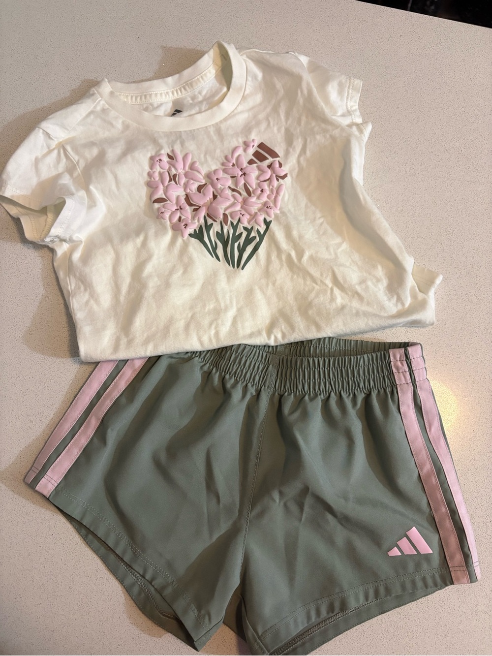 adidas White Tee with Pink Floral Heart Graphic and green shorts set